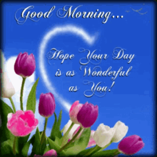 a good morning card with flowers and a heart shaped cloud