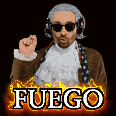 a man wearing a wig and sunglasses stands in front of a sign that reads fuego