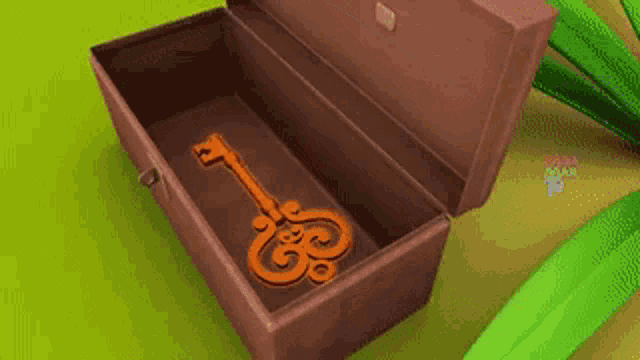 a brown box with a key inside of it and a green background