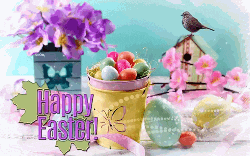 a bucket of easter eggs with the words happy easter