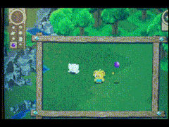 a computer screen shows a cartoon character in a field with a purple object