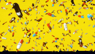 a bunch of pills on a yellow background including one that says ntv