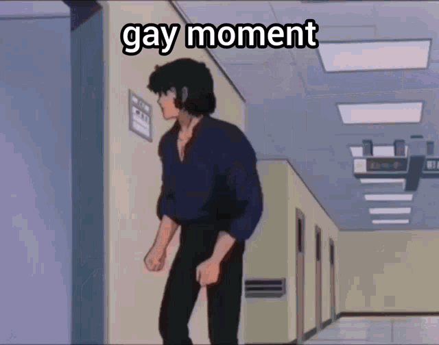 a cartoon of a man walking down a hallway with the words gay moment written above him