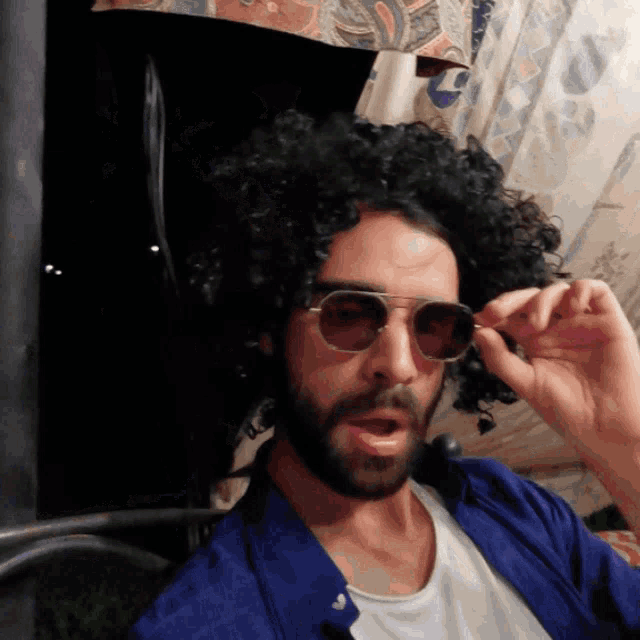 a man wearing sunglasses and an afro wig looks at the camera