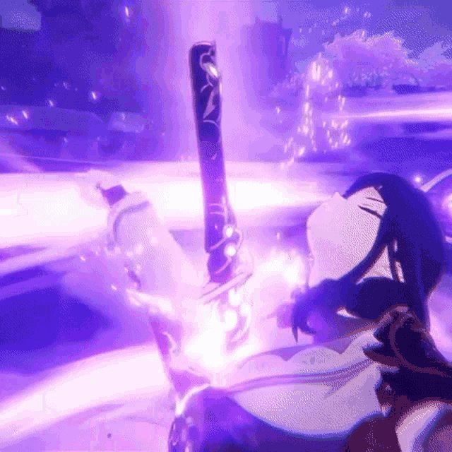 a girl is holding a sword in a video game and it is glowing in the dark .
