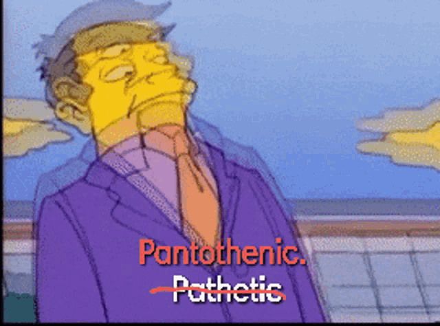 a cartoon of a man in a purple suit and tie with pantothenic pathetic written in red