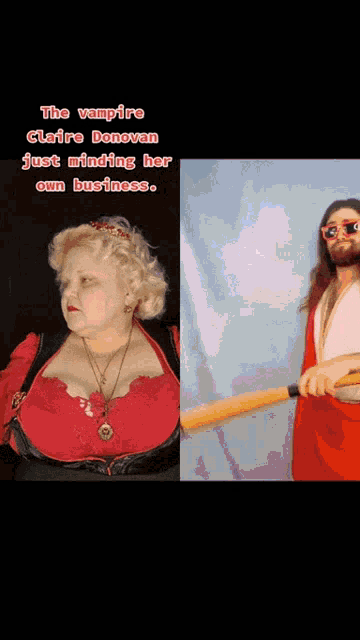 a picture of a woman and a picture of jesus with the caption " the vampire claire donovan just minding her own business "