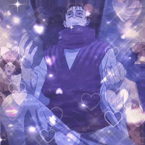 a man in a purple shirt is surrounded by hearts