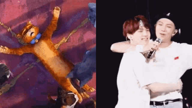 a picture of a cat and a picture of a man hugging another man
