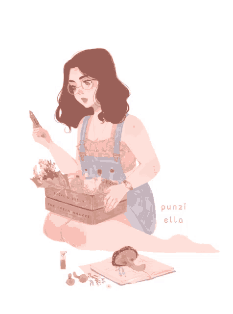 a drawing of a girl sitting next to a box that says ' the green market '