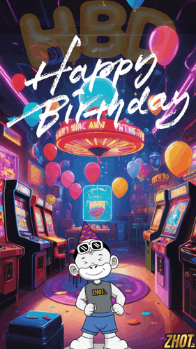 a cartoon of a boy in an arcade with the words happy birthday written above him