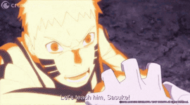 a cartoon of a man saying " let 's teach him sasuke "