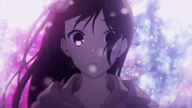 a close up of a girl 's face with a purple background and purple hair .