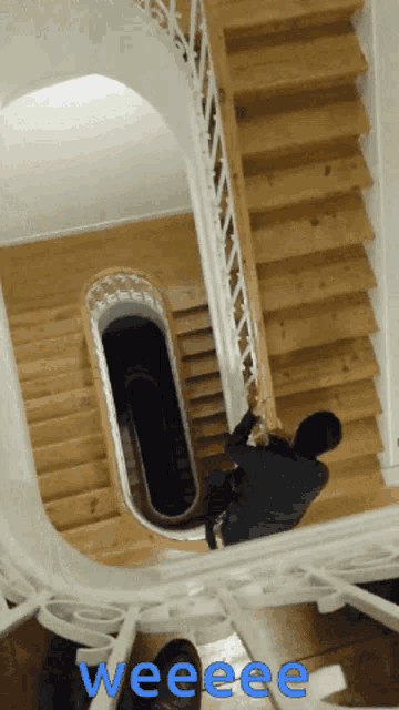 a man walking down a set of stairs with the word weeeee written on the bottom