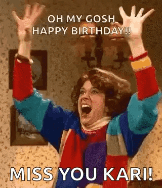 a woman is screaming with her arms in the air and says `` oh my gosh happy birthday ! ''