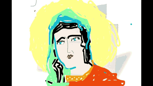 a drawing of a woman 's face with a yellow halo around her head
