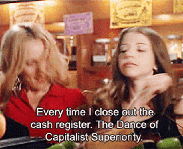 a woman says every time i close out the cash register the dance of capitalism superiority