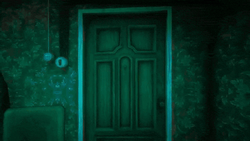 a man in a green shirt is standing in front of a door with a shadow of a man behind it .