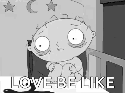 a cartoon character is sitting on a bed with the words `` love be like '' written on the bottom .