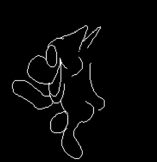 a black and white pixel art of a cartoon character .