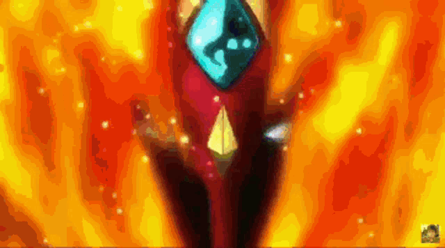 a cartoon character is surrounded by flames with a blue diamond in the middle