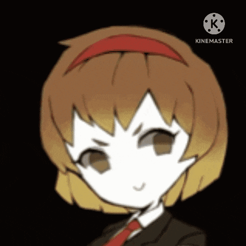 a cartoon girl with brown hair and a red headband is wearing a black suit and tie .