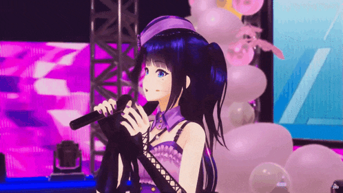 a girl with blue hair is holding a microphone in front of balloons