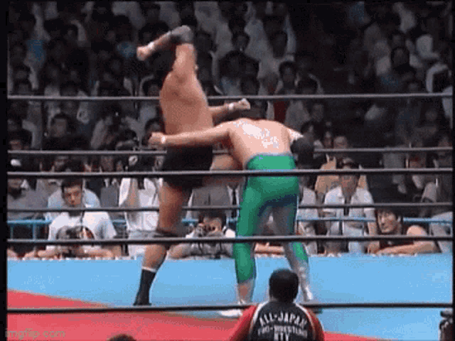 two men are wrestling in a ring with a referee wearing a shirt that says all japan .