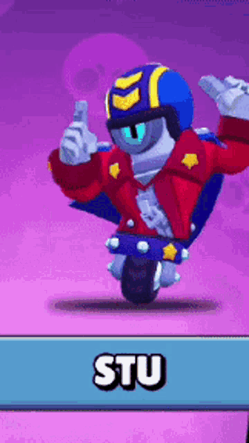 a cartoon character is giving a thumbs up and the name stu is on the bottom