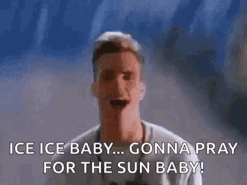 a man is standing in front of a wall and saying `` ice ice baby ... gonna pray for the sun baby '' .