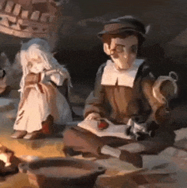 a painting of a man sitting on the ground reading a book while a woman sits behind him .