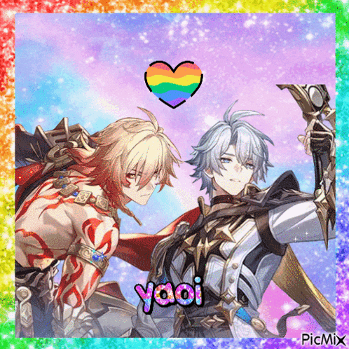 a picture of two anime characters with a rainbow heart above them and the word yaoi