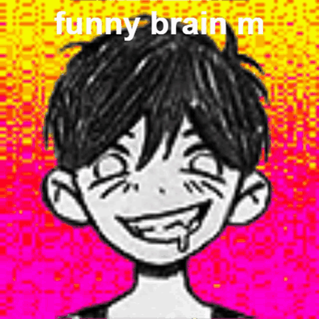 a black and white drawing of a boy with the words `` funny brain m '' above him .