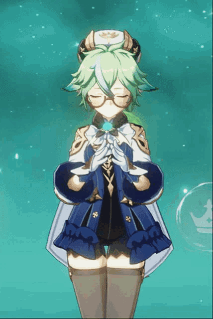 a girl with green hair and glasses is holding a blue ring