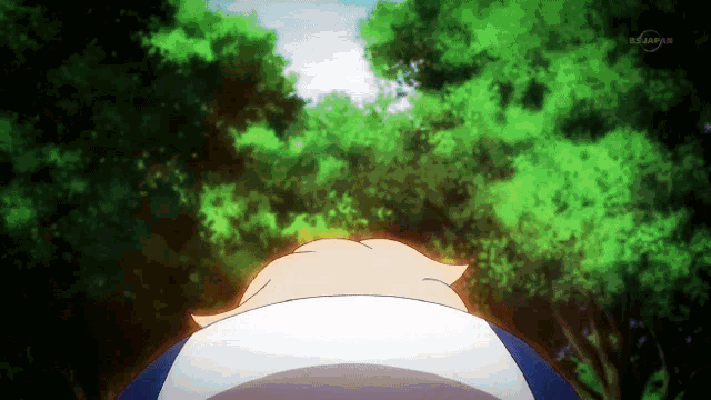 a cartoon character is standing in front of a forest with the letters ts japan on the bottom left