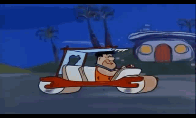 a cartoon of flintstone in a car with a mailbox that says the flintstones on it