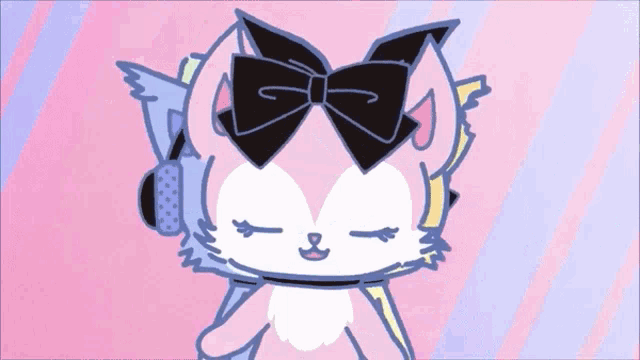 a drawing of a cat with headphones and a bow