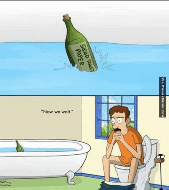 a cartoon of a man sitting on a toilet and a bottle of soap toilet paper