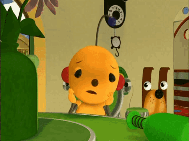 a cartoon character is wearing headphones and looking at a clock that has the hands on the numbers 11 12 and 13