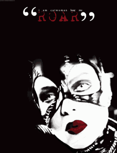 a black and white photo of a woman with red lips and the words " i am catwoman hear me roar "
