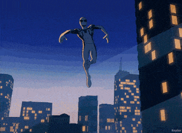 a drawing of a superhero flying over a city with the name kepler on the bottom right
