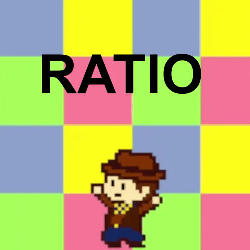 a pixel art of a man with a hat and the word ratio
