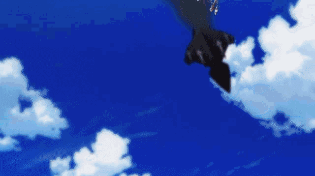 a cartoon character is flying through a blue sky with smoke coming out of it