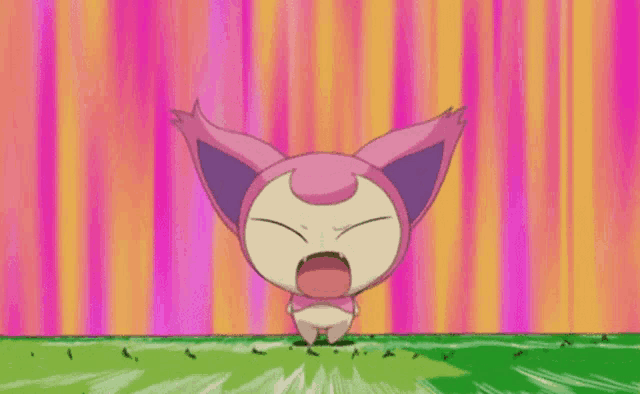 a pink and white cartoon character is standing in front of a pink and orange background