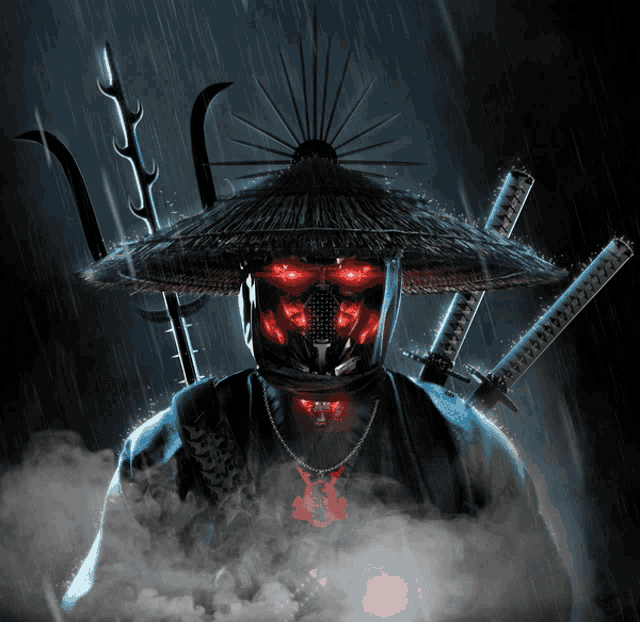 a samurai wearing a thatched hat and holding swords in the rain