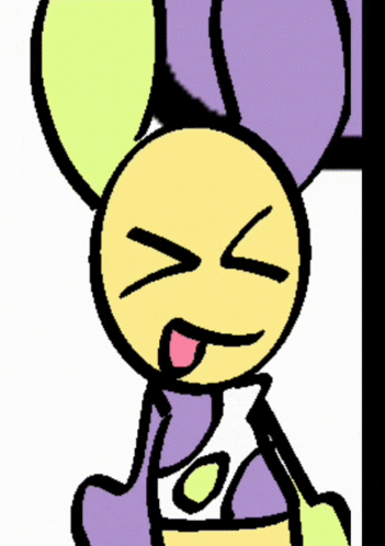 a cartoon character with a yellow face and purple ears