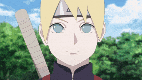 a close up of a person 's face with a sword