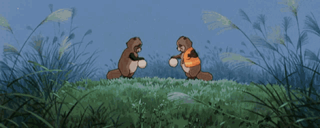 two cartoon animals are standing in a grassy field holding hands