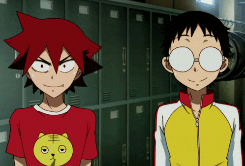 two anime characters are standing next to each other with one wearing glasses