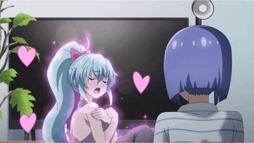 a man and a girl are sitting in front of a tv with hearts surrounding them